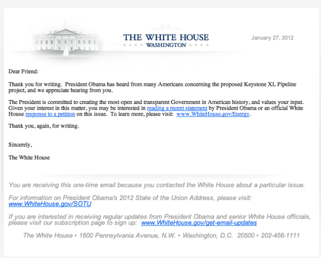 positive reply regarding pipeline -  white house obama